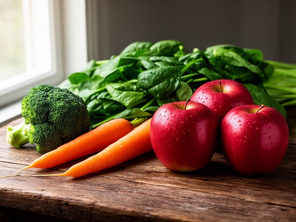 Färska grönsaker och frukter på ett rustikt träbord – spenat, broccoli, morötter och äpplen med synliga vattendroppar, naturligt ljus från sidan