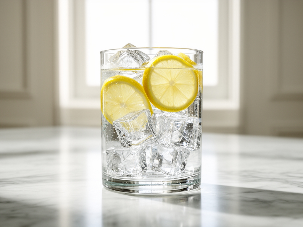 Glaskaraff fylld med kristallklart vatten med iskuber och citronskivor på ett ljust marmorerat bord, naturligt ljus från ett högt fönster skapar ett luftigt och fräscht intryck