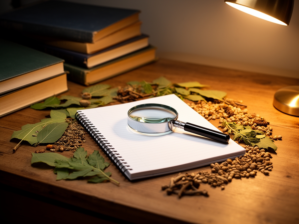 Vetenskaplig forskningsmiljö med böcker, noteringsblock och naturmaterial som blad och frön arrangerade runt ett förstoringsglas på ett trä skrivbord, mjukt varmt lampljus