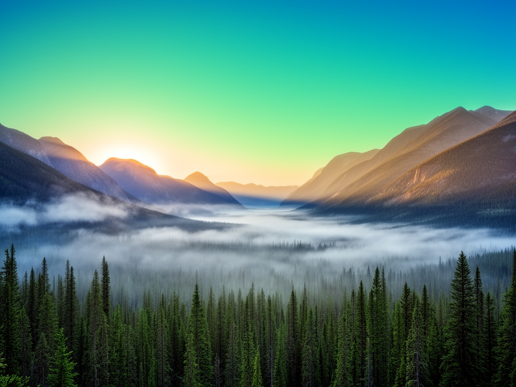 Dramatiskt bergslandskap vid soluppgång med klart blågrön himmel, täta tallskogar i förgrunden och dimma som svävar i dalarna, symboliserar naturens kraft och renhet
