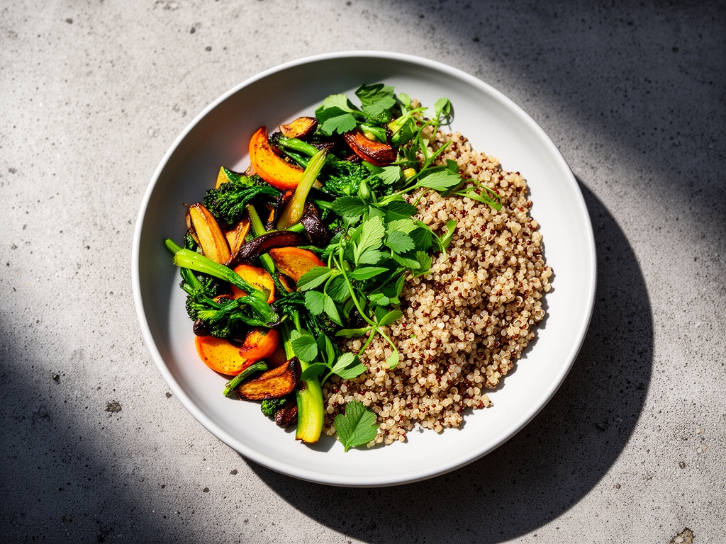 Välbalanserad tallrik med färgglad mat – quinoa, rostade grönsaker och färska örter, fotograferat uppifrån på en texturerad betong yta med naturligt sidoljus