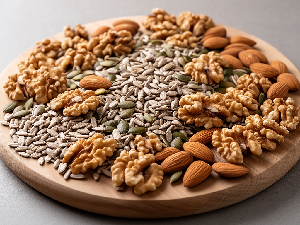 Blandning av nötter och frön på en skifferskiva – valnötter, mandlar, solrosfrön och pumpafrön i naturliga neutrala bruna toner, texturerat naturljus