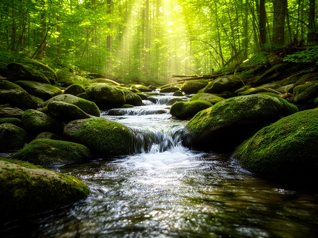 Kristallklart vatten som rinner över mossbeklädda stenar i en skog, med solstrålar som tränger igenom lövverket och skapar ett grönt stämningsfullt ljus